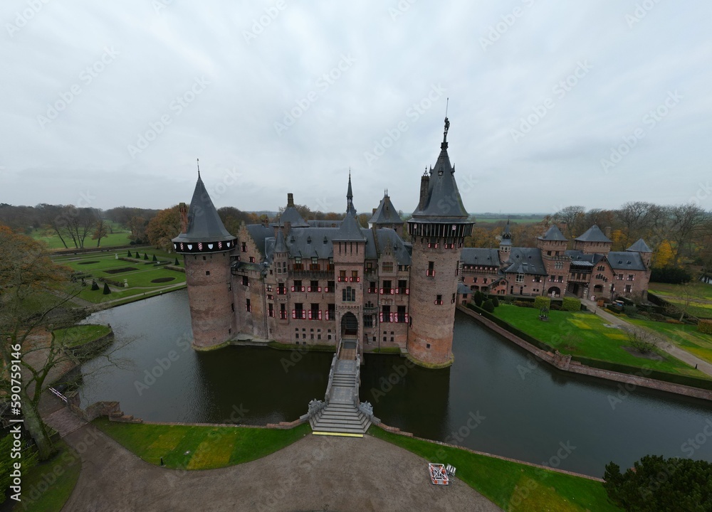 Aerial view of Castle De Haar castle on a lake in Utrecht, Netherlands