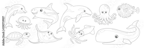 Coloring page of cartoon ocean fish and animals. Vector illustration of stingray, hedgehog fish, squid, octopus, killer whale, jellyfish, turtle, dolphin, shark. Outline coloring book for children.