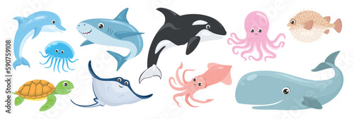 Cute ocean animal and fish set. Cartoon stingray  hedgehog fish  squid  octopus  killer whale  jellyfish  turtle  dolphin and shark. Vector flat illustration isolated on white.