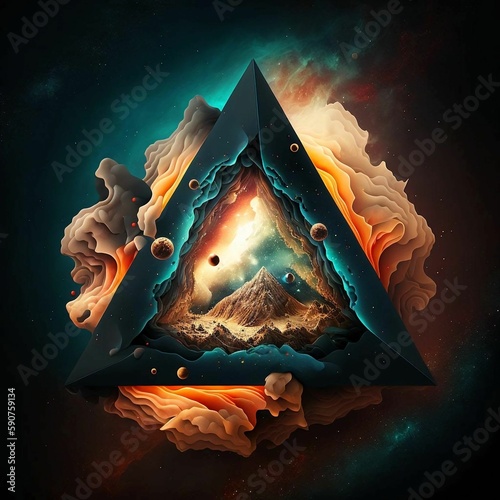 a digital pyramid with an explosion on it and smoke coming out