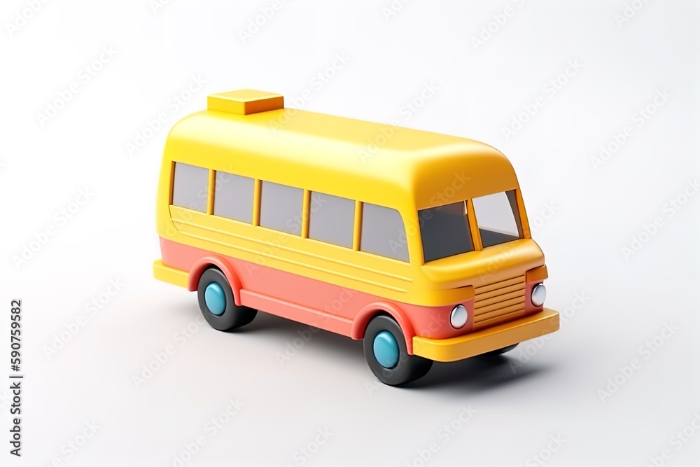 Cute minimalistic retro yellow school bus 3d render illustration. vehicle on isolated background.