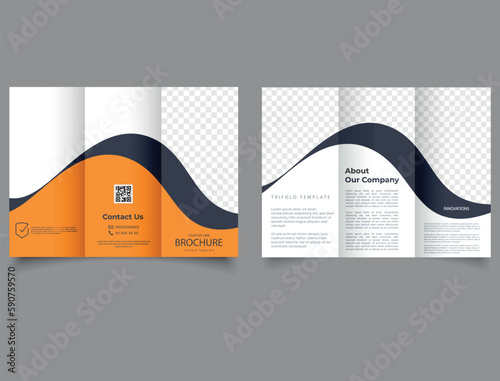 Orange corporate trifold brochure with waves. lyer report template. design vector illustration. Modern trifold template.