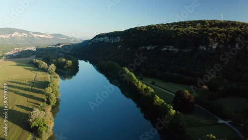 Massive riverbed surrounded by green forests and mesmerizing view of mountains, 4k, aerial photo