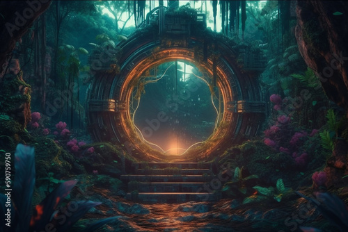 Fototapeta Naklejka Na Ścianę i Meble -  Round mystical pandora portal in jungle. Neon color futuristic portal in forest. Futuristic fantasy concept.