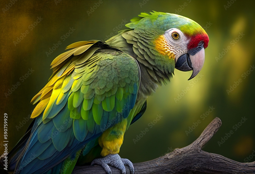 Obraz premium Bright parrot in the branches of a tree in the jungle. AI genarated