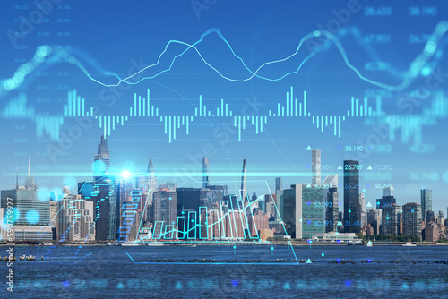 New York City skyline  United Nation headquarters over East River  Manhattan  Midtown at day time  NYC  USA. Forex graph hologram. The concept of internet trading  brokerage and fundamental analysis