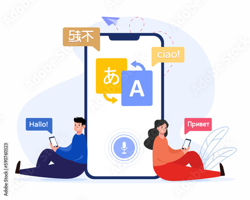People using online Translating app on mobile phone for foreign language learning, concept of online communication with different language.