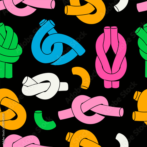 Set of various Knots. Different curved pieces. Twisted, knotted rope, cord, cable, noodle or plasticine in various positions. Hand drawn colorful Vector illustration. Square seamless Pattern