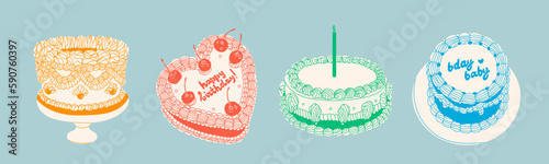 Set of Cakes with candle cherry, cream, text. Retro style. Sweet tasty food. Hand drawn trendy Vector illustration. Isolated design elements. Party, wedding, anniversary, celebration, birthday concept