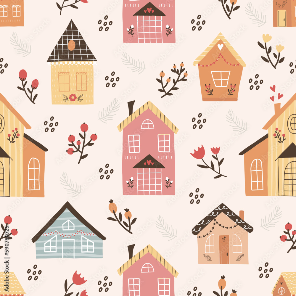 Christmas seamless pattern with doodle style houses	