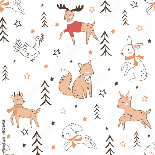 Cute seamless pattern Christmas tree  deer  hare  fox  elk  flowers. Happy New Year