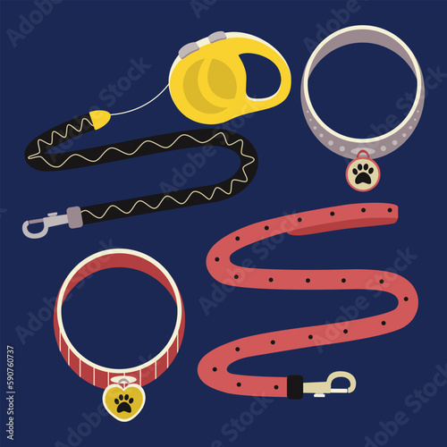 A set of elements for animals, cats, dogs, leashes, collars with medallions.