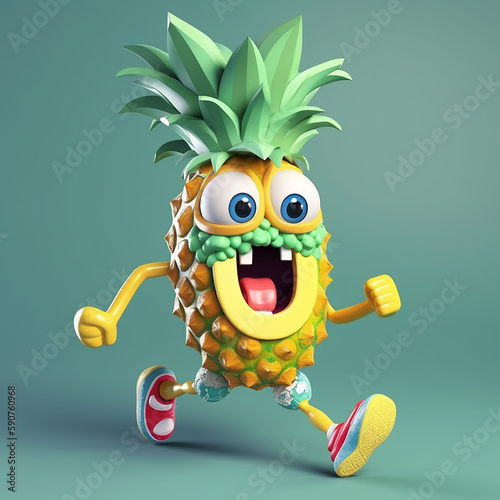 A series of illustrations of a happy pineapple. Cartoon character of pineapple running on a green background. 3d illustration. Generative AI