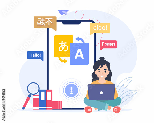 Student using online Translating app on mobile phone for foreign language learning. concept of learning international language.