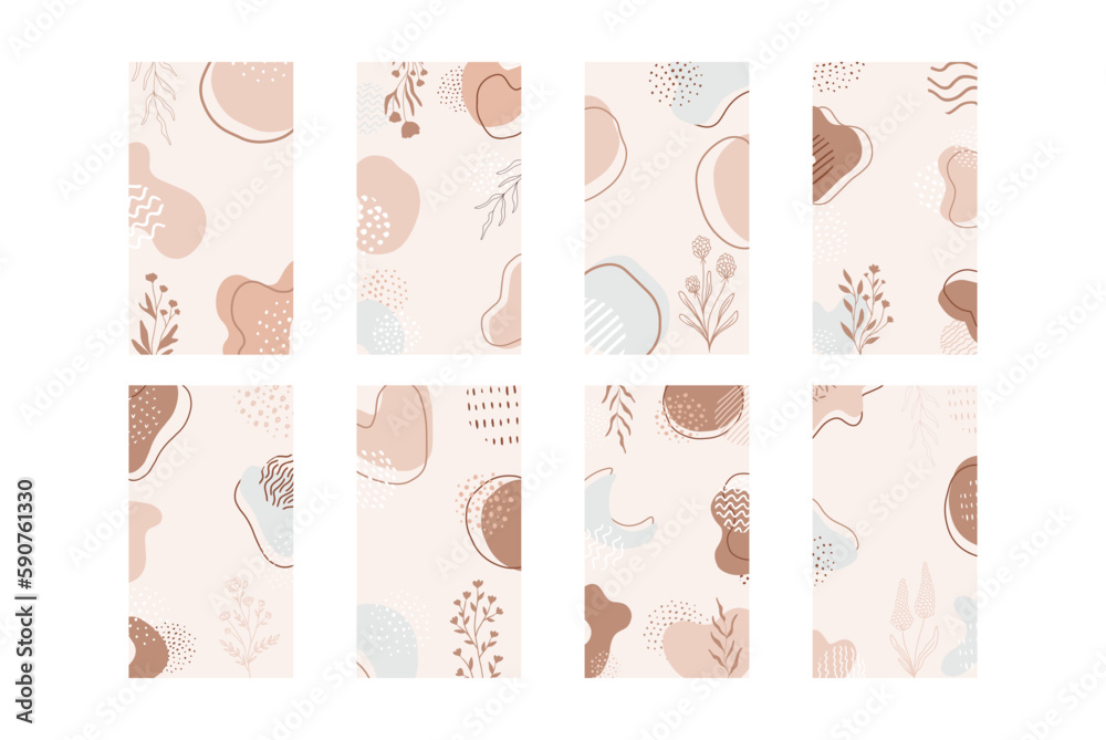 Vector template for social media posts, stories, banners, mobile apps, web, ads. Simple design with copy space for text, abstract organic shapes, florals. Design with natural abstract shapes and plant Vector template for social media posts, stories, banners, mobile apps, web, ads. Simple design with copy space for text, abstract organic shapes, florals. Design with natural abstract shapes and plant