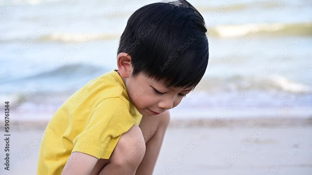 asia lovely boy is playing and writing in sand on the beach, slow motion scene asia lovely boy is playing and writing in sand on the beach, slow motion scene