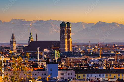 Famous Munich Skyline with Alps