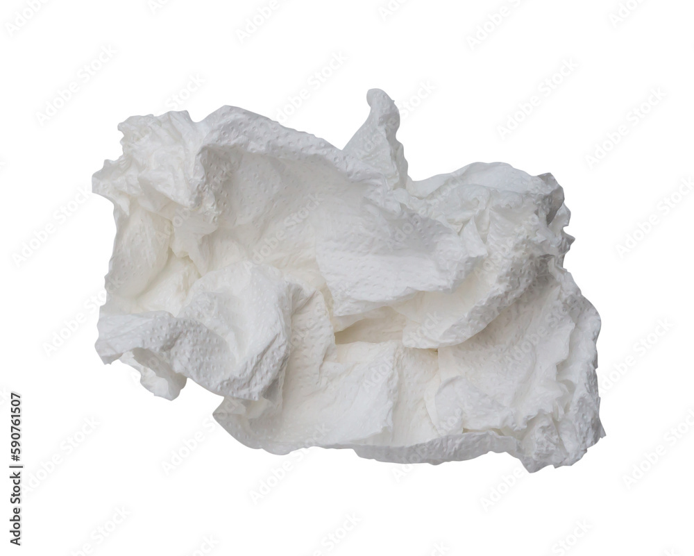 Obraz premium Single screwed or crumpled tissue paper or napkin in strange shape after use in toilet or restroom isolated on white background with clipping path in png format