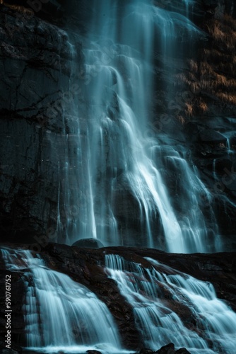 Vertical shot of a scenic waterfall flowing from a rocky hill in the evening