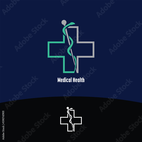 Medical Health symbol with caduceus snakes combined with cross symbol with teal and grey color