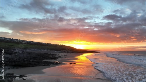 Gorgeous aerial view of Ogmore beach in South Wales during sunset hours photo