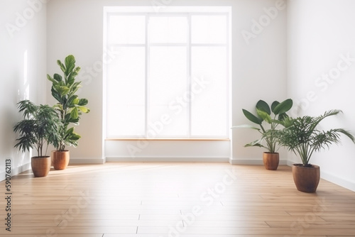 Empty room interior with plants and potted on wooden floor.  Still life concept