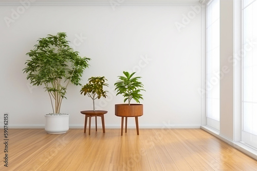 Fototapeta Naklejka Na Ścianę i Meble -  Empty room interior with plants and potted on wooden floor.  Still life concept