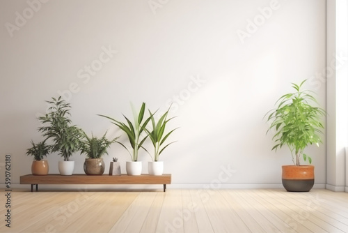 Empty room interior with plants and potted on wooden floor. Still life concept