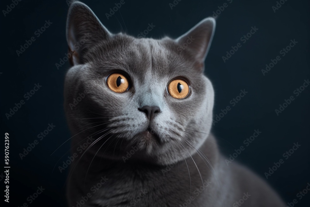 Surprised british cat on dark background, close up view. Generative AI.