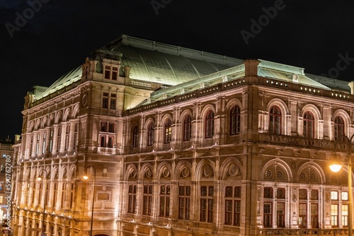 Exterior of the Vienna Operahouse during a nighttime