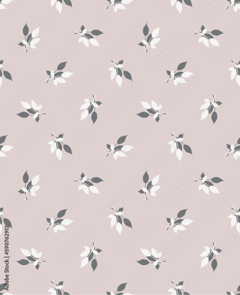 Floral  seamless pattern with white and dark leaves on light grey background. Leaf motifs scattered random. Good for wrapping paper, wallpaper, textile, card, web. Vector illustration.