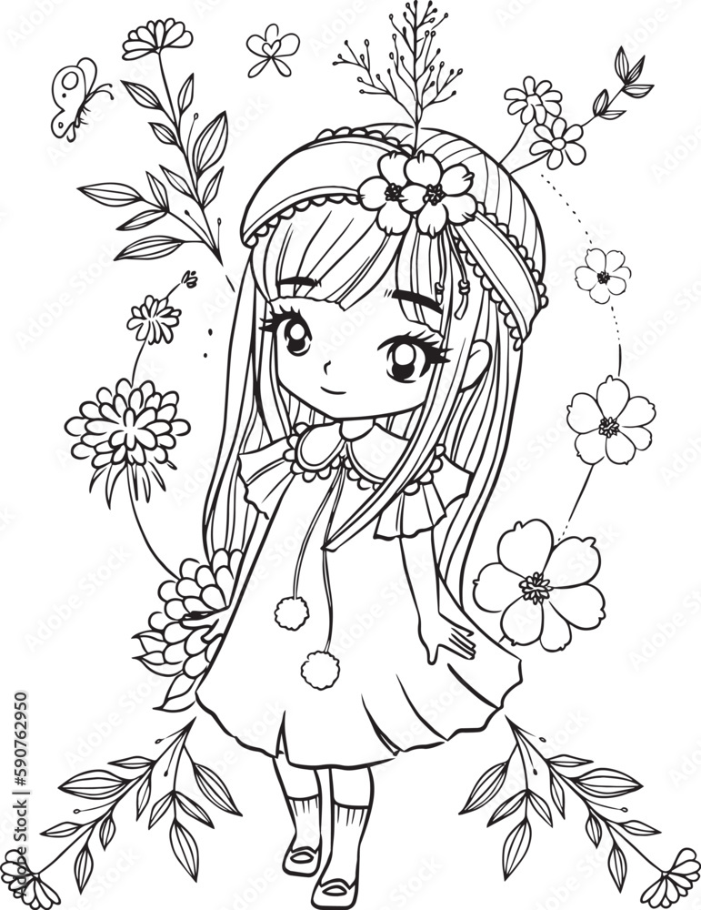 Girl cartoon doodle kawaii anime coloring page cute illustration
