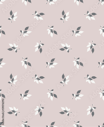 Floral  seamless pattern with white and dark leaves on light grey background. Leaf motifs scattered random. Good for wrapping paper  wallpaper  textile  card  web. Vector illustration.