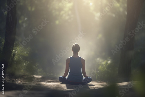 Finding Peace Within: Woman Meditating in Cross-Legged Yoga Pose © artefacti