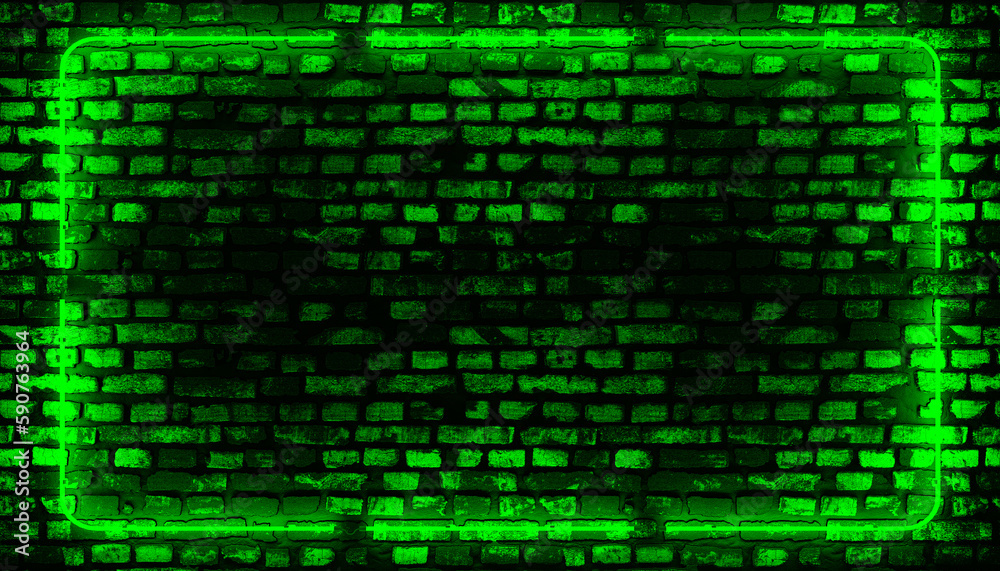 Brick wall, background, green light neon frame. Neon room. 3d render