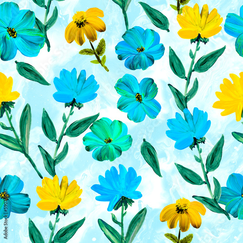 Seamless pattern of abstract blue and yellow flowers, art painting, creative hand painted background, original hand drawn, impressionism style, color texture, brush strokes of paint, acrylic.