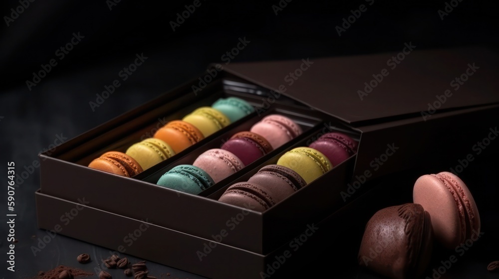 Box with colorful macaroons, generative ai Box with colorful macaroons, generative ai