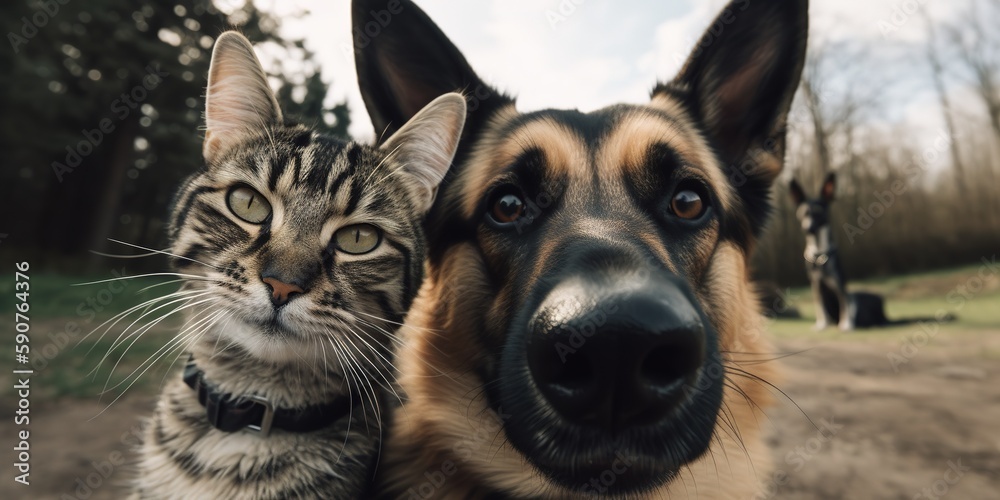 Cat and dog taking a selfie together on park outdoor, generative ai