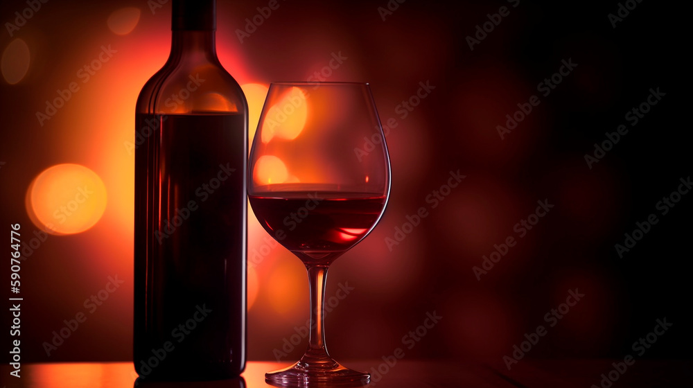 Macro shot, glass of red wine, next to a bottle of vintage premium wine, warm background. Professional studio photo Macro shot, glass of red wine, next to a bottle of vintage premium wine, warm background. Professional studio photo