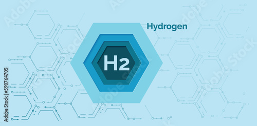 Hydrogen symbol on an abstract blue background of hexagons. Banner template for a website.  Hydrogen energy. Н2. Green hydrogen logo. Clean energy. Vector illustration