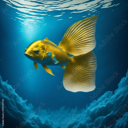 A Goldfish with angel wings swimming on blue ocean. Generative AI.