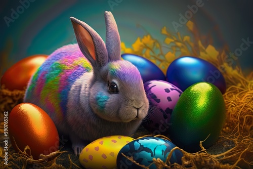 Happy Easter concept design Cool bunny colorful background, Holiday card idea, Generative AI.