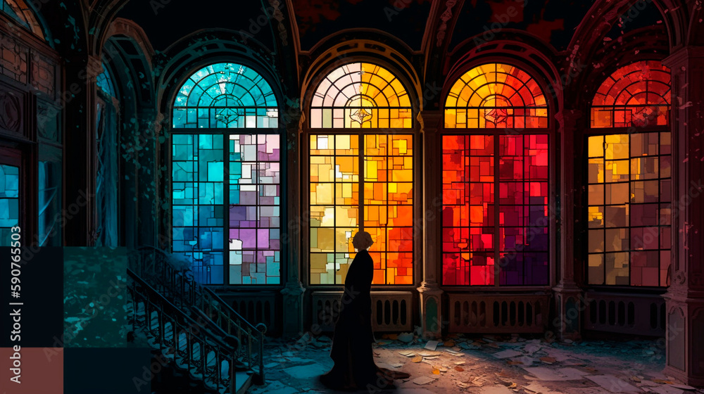 romantic ruins, realistic color palette, stained glass, concept art, dark blue and red, richly colorful figuration
