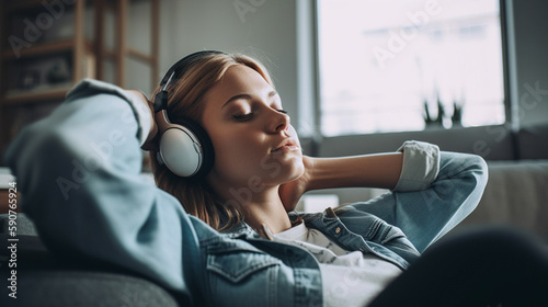 Relax, headphones and woman on a living room sofa feeling peace from music photo