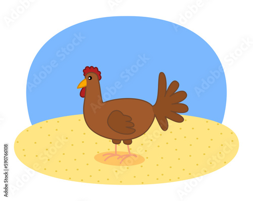 Illustration of a brown hen with seeds in her yard with blue sky