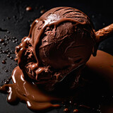 a scoop of rich chocolate ice cream on a pure white background. perfectly illuminated by accent lighting. The deep brown color of the ice cream is highlighted by the drizzle of chocolate syrup on top.