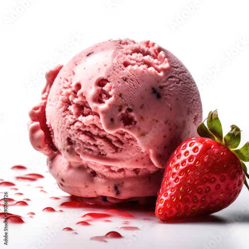 a round scoop of strawberry ice cream perfectly illuminated by accent lighting on a pure white background. The scoop is pink with chunks of real strawberries mixed throughout
