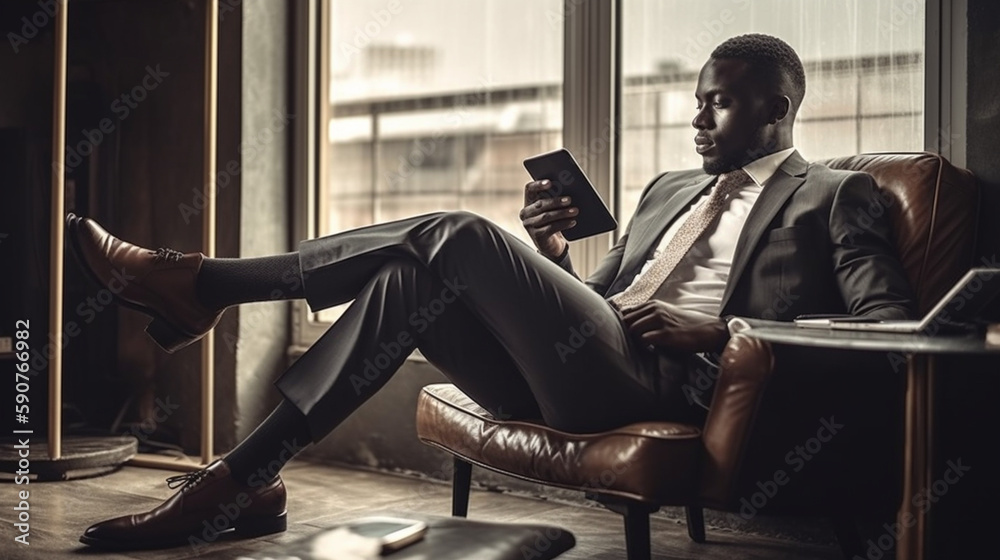 young businessman using a cellphone while relaxing - obrazy, fototapety, plakaty 