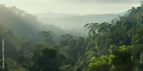 Aerial view of misty rainforest on a sunny day with towering trees © artefacti