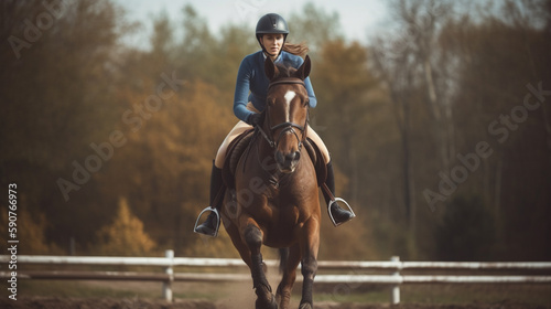 jump and woman on a horse for a course, event or show on a field photo